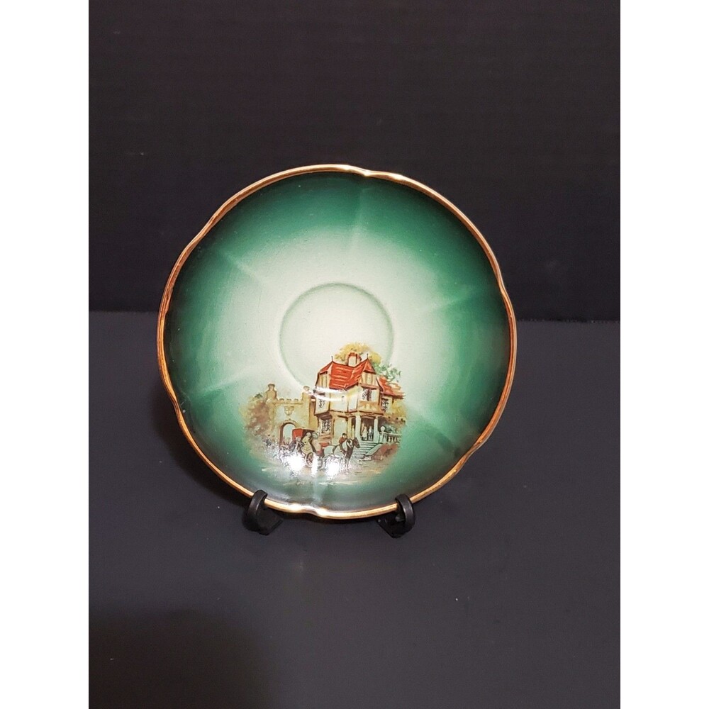 Crown Devon Coaching Days Saucer Porcelain Green Scalloped Gold Trim England Vtg